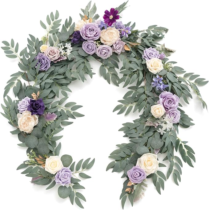 Ling's moment Flower Garland - 6FT Eucalyptus & Rose - Sweetheart Table Decor for Wedding Reception, Artificial Floral Garland for Mantle, Thanksgiving, Christmas Decoration, Lilac & Lavender