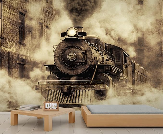 Vintage Steam Train Wall Mural, Industrial Train Engine 3D Wall Murals, Retro Railway Steam Engine Wallpaper Mural, for Living Room Bedroom Large Wallpaper Indoor Decor 78.7" W x55.1 H