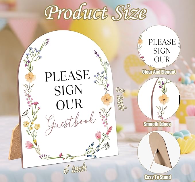 Boho Wildflower Please Sign Our Guestbook Sign for Baby Shower, 6x8 Inch Arch Wooden Sign with Stand, Floral Baby Shower Table Sign, Gender Neutral Party Decoration - MUK33