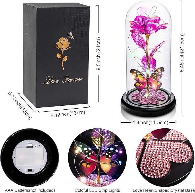Pusuny Christmas Rose Gifts for Women Birthday Gift Galaxy Glass Rose Forever Eternal Crystal Flower Light Up Roses in Glass Dome with Butterfly Xmas Gifts for Women Mom Grandma Wife Her Sister Pink