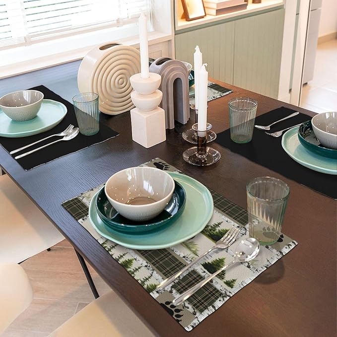 Forest Bear Moose Place Mats Set of 6 Pine Tree Wild Animal Kitchen Dining Table Mat for Indoor Outdoor Decorations 12 X 18 Inch 6 PCS, Style-19