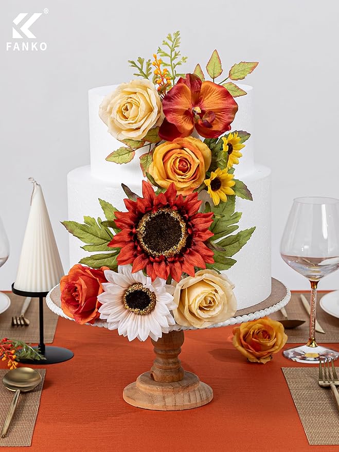 FANKO Artificial Flowers Burnt Orange Rose, Mixed Fake Silk Flowers Combo Champagne Yellow Rose Orange Sunflower Orange Dahlia Vintage Autumn for DIY Wedding Bridal Bouquets, Home Decor