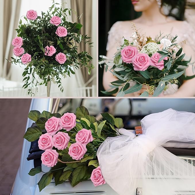 Artificial Flowers Roses Real Looking Foam Fake Roses with Leaves and for DIY Wedding Bouquets Bridal Shower Centerpieces Party Decorations (Dark Pink, 200)