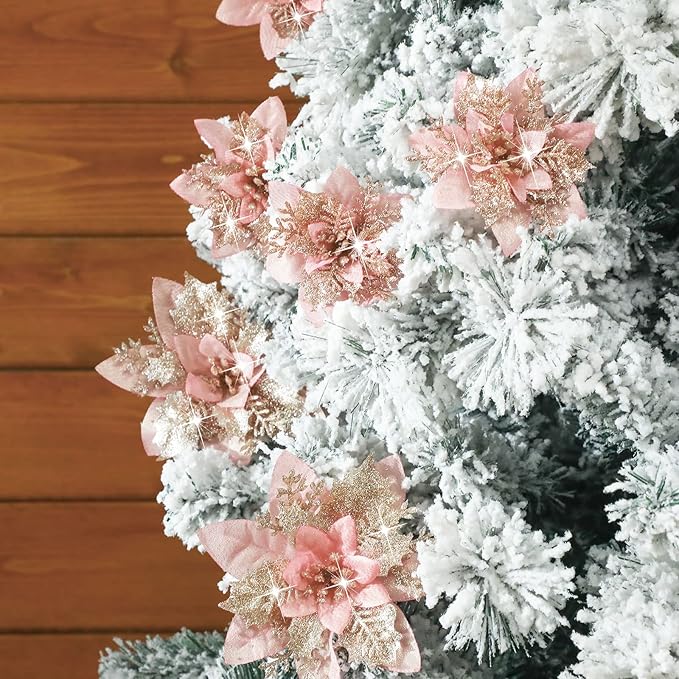 Geosar 36 Pcs Christmas Glitter Artificial Poinsettia Flowers Xmas Poinsettia Artificial Wedding Flowers Decorations Xmas Tree Ornaments with Clips for Party, 6 Inch, 4 Inch, 3 Inch(Rose Gold)
