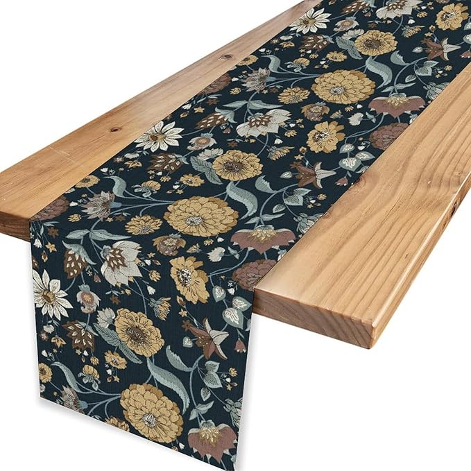 Boho Floral Table Runner, Vintage Traditional Farmhouse Boho Floral Linen Coffee Table Center Decor for Family Kitchen Farmhouse Holiday Party Table Decorations Indoor Outdoor 13x90 inch