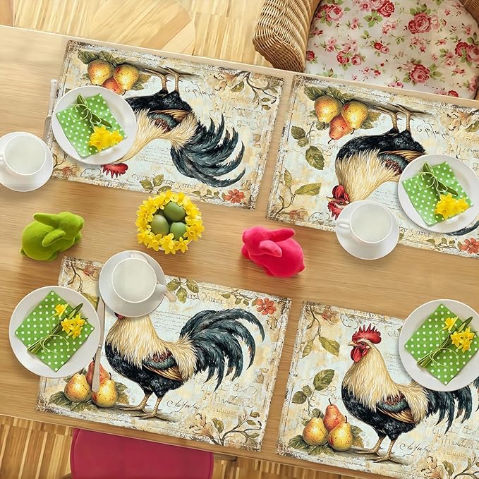 Farmhouse Rooster Placemats Set of 4, Rustic Chicken Place Mats, Pear Dining Table Mats, Washable Placemats for Kitchen Dining Room Home Decor 18L'' × 12W''