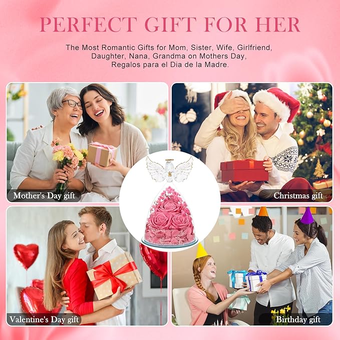 Preserved Flower Rose Gifts for Women, Forever Eternal Fresh Flowers in Glass Angel Figurines Flowers for Delivery Prime Pink Roses for Grandma Mom Sister Her Wife on Mothers Day Birthday Christmas