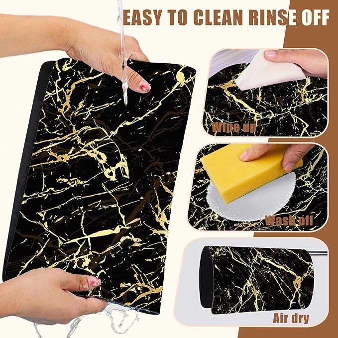 Dish Drying Mat Black and Gold Marble Coffee Bar Mat for Countertop - Absorbent, Rubber Backed, Hide Stain Dish Drainer Rack - Coffee Maker Pot Dining Room Decoration 15.7 x 23.6 Inch