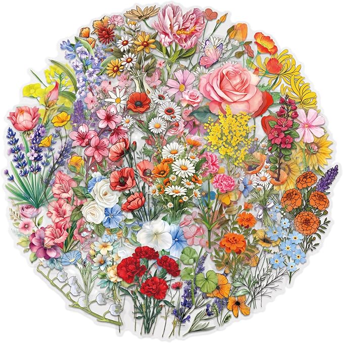 60 Pcs Watercolor Flower Sticker, Self-Adhesive Flowers Stickers Transparent Waterproof PET Floral Decals for Journaling, Scrapbooking, Laptop, Guitar, Water Bottle, Phone Case Aesthetic Decoration