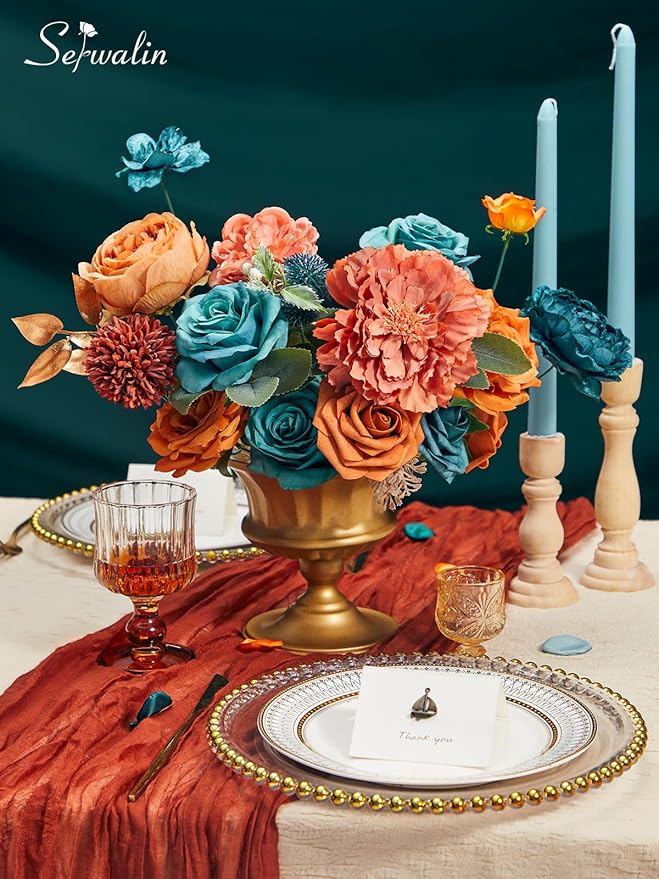 Serwalin Artificial Flowers, Teal Burnt Orange Silk Floral Centerpieces, Fake Flowers Bouquets Box Set for Wedding Bridal Baby Shower Party DIY Craft Home Cake Decoration