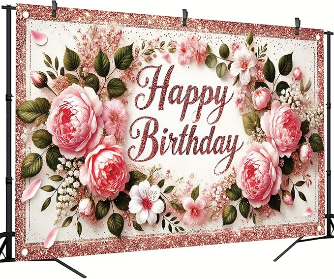 Happy Birthday Backdrop Rose Gold Glitter Peony Floral Banner Birthday Party Decorations Photography Background for Women Girls Wedding Baby Shower Decor Photo Booth Supplies 6x4ft