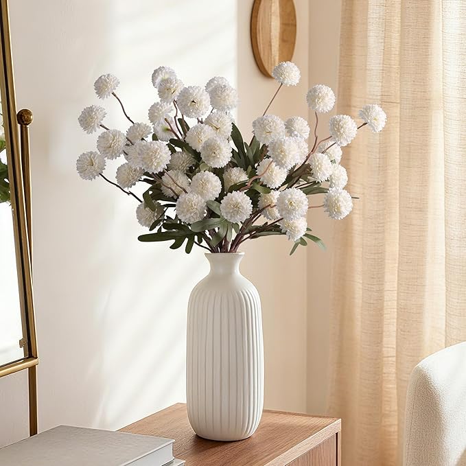 HyeFlora Fake Kiku Flowers,Faux Silk Pompon Mums 40heads Artificial Flowers,Chrysanthemum Stems Floral Arrangement Dried Flowers Vintage Decorative Indoor Home Vase Decor White