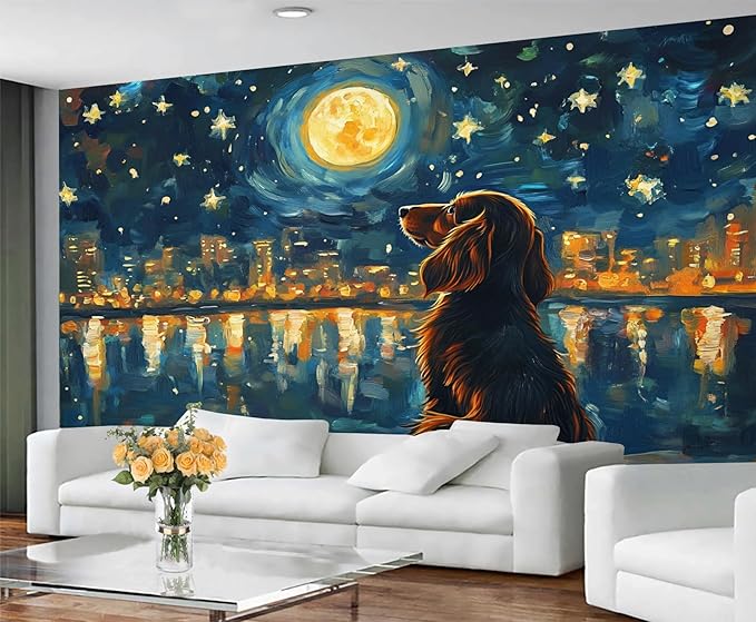 Dog and Moon Night Sky Wall Mural, Starry Night Cityscape 3D Wall Murals, Nighttime Dog Reflection Wallpaper Mural, for Living Room Bedroom Large Wallpaper Indoor Decor 169.3" W x118.2 H