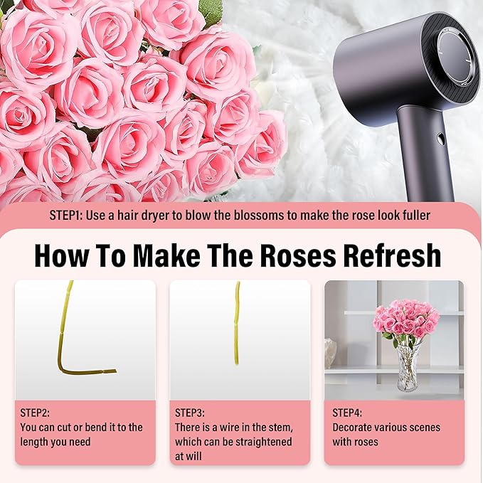 20PCS Artificial Roses with Long Stems - Realistic Silk Flowers, Fake Roses Real Touch Bouquet Roses for Home Decor, Bridal Wedding Table Centerpieces, Faux Rose Flowers (Hot Pink&Pink)