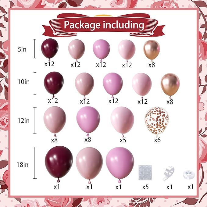 Retro Burgundy Balloon Arch Kit, 171Pcs Double-stuffed Dusty Pink Lavender Rose Pink Rose Gold Confetti Balloons for Baby Bridal Shower Wedding Engagement Birthday Party Decorations