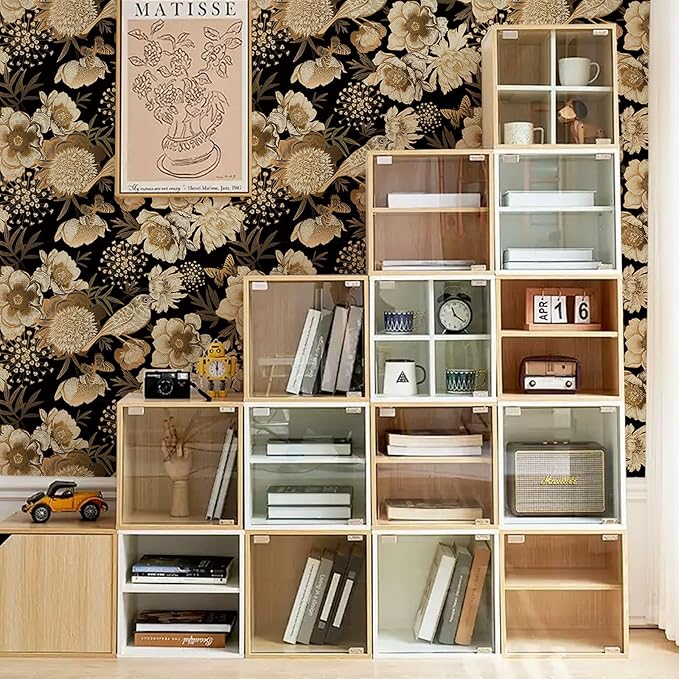 Floral & Birds Peel and Stick Wallpaper Antique Gold Black Self Adhesive Removable Floral Wallpaper for Bedroom Renter Friendly Floral Contact Paper for Bedroom Bathroom Walls Shelf Liner 17.7"x118.1"