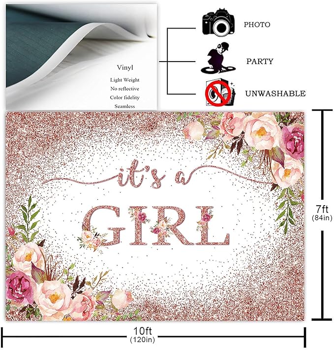 Avezano Rose Gold Baby Shower Backdrop for Girls Party Blush Pink Floral It's a Girl Baby Shower Photography Background Rose Gold Glitters Confetti Decoration Photoshoot Events Banner (10x7ft)