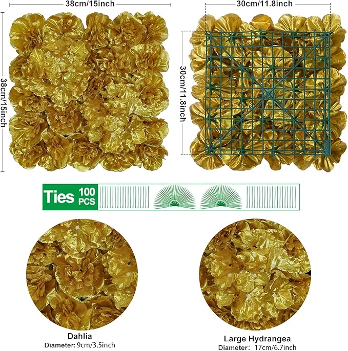 Autumn Collection Artificial Fall Flower Wall Panels - 12-Piece Set of 15x15inch Gold Silk Roses Flowers Wall Backdrops for Fall Weddings Thanksgiving Background and Seasonal Home Elegance