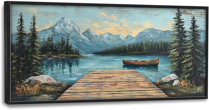 Rustic Lake Large Wall Art Forest Mountain Pictures Wall Decor Nature Landscape Big Canvas Painting Prints Framed Artwork Home Decorations Above Bed for Bedroom Living Room Dining Room 60"x30"
