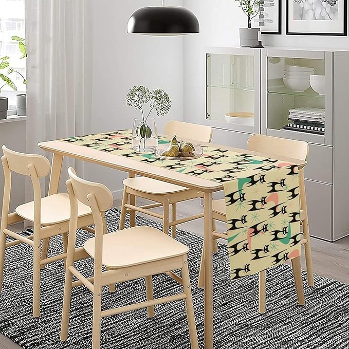 Mid Century Table Runner,Cat Geometric Stripe Colorful Abstract Pattern Print Tablecloth Burlap for Hotel Indoors Outdoor Dining Room Kitchen Holiday Party, 13x60in