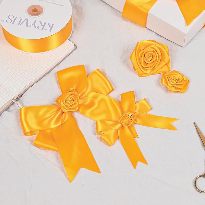 Yellow Gold Satin Ribbon, Double Faced 1 Inch X 25 Yards Yellow Gold Ribbon, Premium Satin Ribbon for Gift Wrapping, Crafts, Hair Bow Making, Sewing, Flower Bouquet, Wedding Party Decor