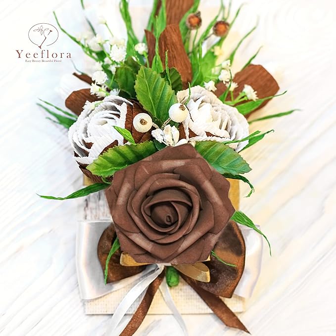 Artificial Flowers, 25pcs Artificial Rose for DIY Wedding Bouquets Centerpieces Arrangements,Teal Green Terracotta Brown Foam Roses with Stem for Party Home Decorations