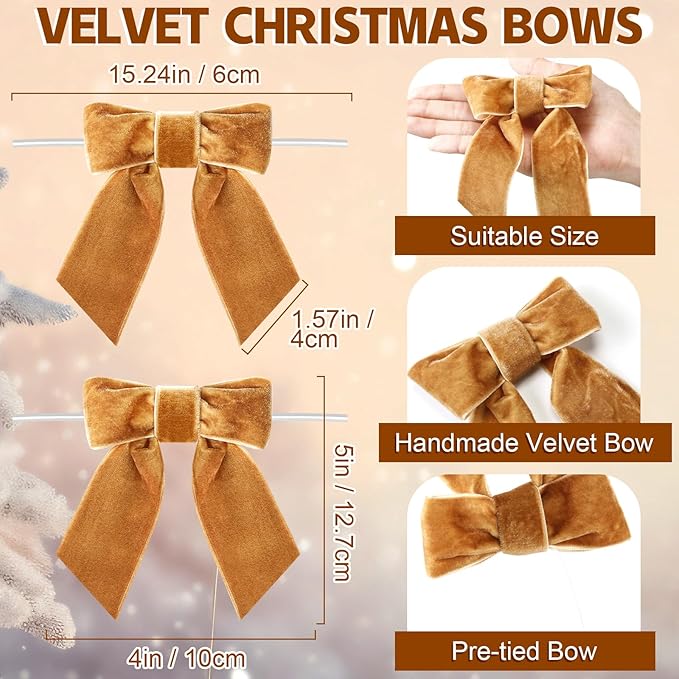30 Pcs Velvet Ribbon Bows 5" x 4" Pre Tied Christmas Velvet Bows with Twist Tie for Gift Packaging Christmas Tree Wreaths Door Windows Wedding Party Decoration (Golden Brown)