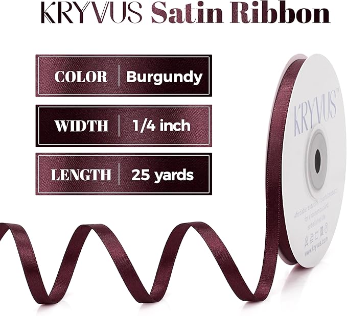 Burgundy Satin Ribbon, Double Faced 1/4 Inch X 25 Yards Burgundy Ribbon, Premium Satin Ribbon for Gift Wrapping, Crafts, Hair Bow Making, Sewing, Flower Bouquet, Wedding Party Decor