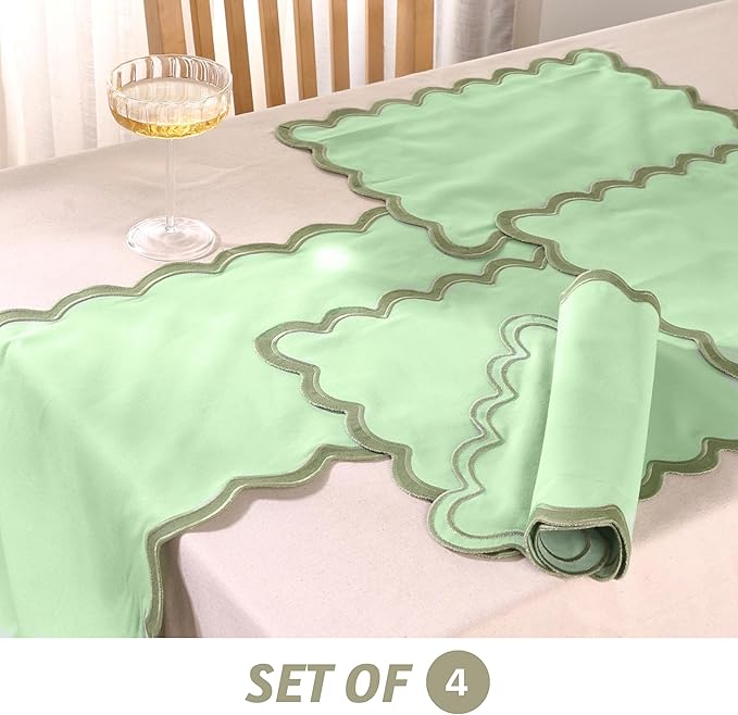Folkulture Christmas Placemats – Set of 4 (13 x 19 Inches) | 100% Cotton Scalloped Sage Green Placemats | Heat Resistant Table Mats for Christmas Decorations and Xmas Dining Table Décor