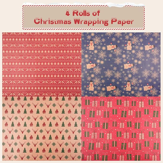 Happypapa Christmas Wrapping Paper, Kraft Xmas Wrapping Paper Rolls - Jingle Bell, Reindeer, Gift and Snowflakes Pattern - 4 Rolls - 17 Inch × 120 Inch Per Roll