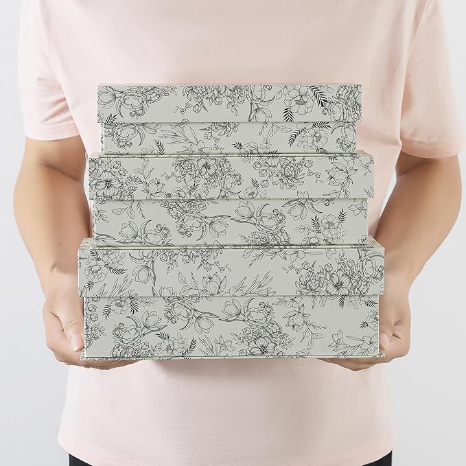 Soul & Lane Decorative Storage Boxes with Lids, Set of 3 Cardboard Boxes for Home Décor and Documents, Memory Organizers for Keepsakes with Magnetic Closure, Photo Storage, Elegant Floral