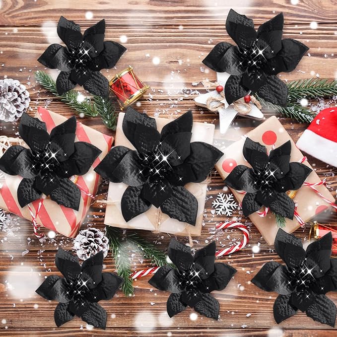 WILLBOND 24 Pcs 3 Size Poinsettia Flower Artificial Christmas Decor Glitter Poinsettia Christmas Ornaments Faux Flowers for Xmas Tree Outdoor(4/6/7.9 Inches,Black)
