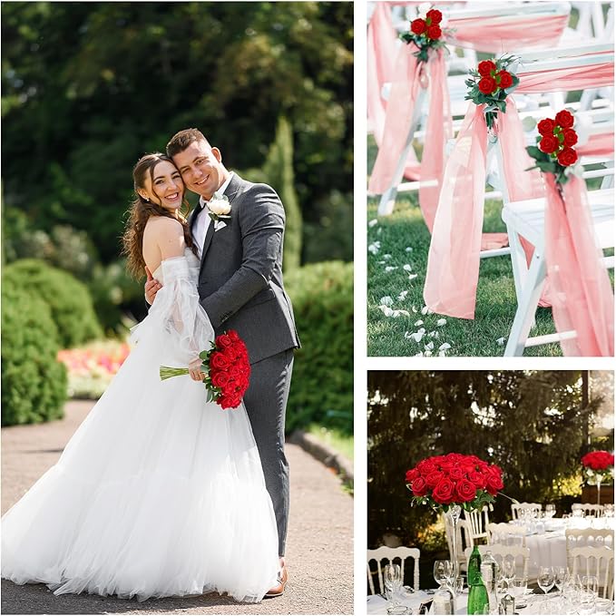 Wondrus Bulk Artificial Flowers 50 PCS, Fake Velvet Silk Red Roses with Long Stems Realistic Bouquet for Wedding Centerpieces, Faux Arrangement for Home Table Decor