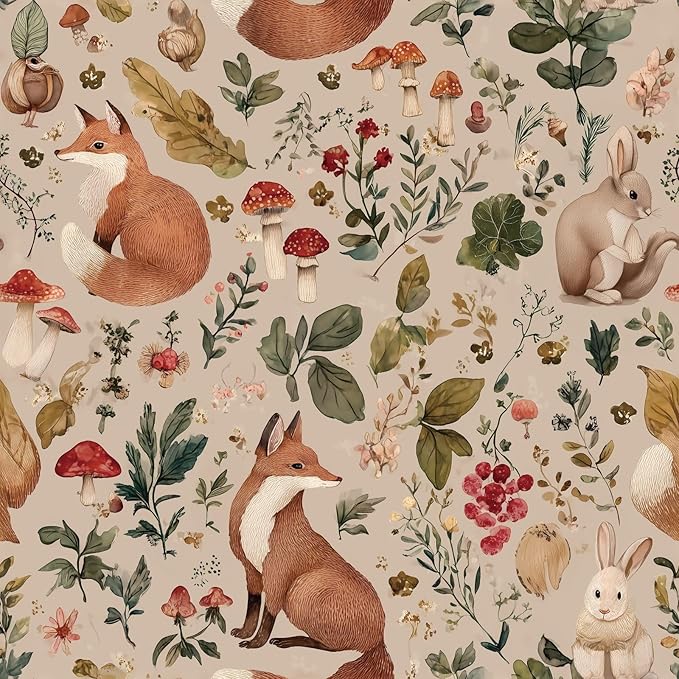 Animal Peel and Stick Contact Paper Moody Fox Rabbit Mushroom Botanical Leaf Removable Wallpaper 17.7" x 118.11" Wall Paper Watercolor Self Adhesive for classroom Bedroom laundry room bathroom