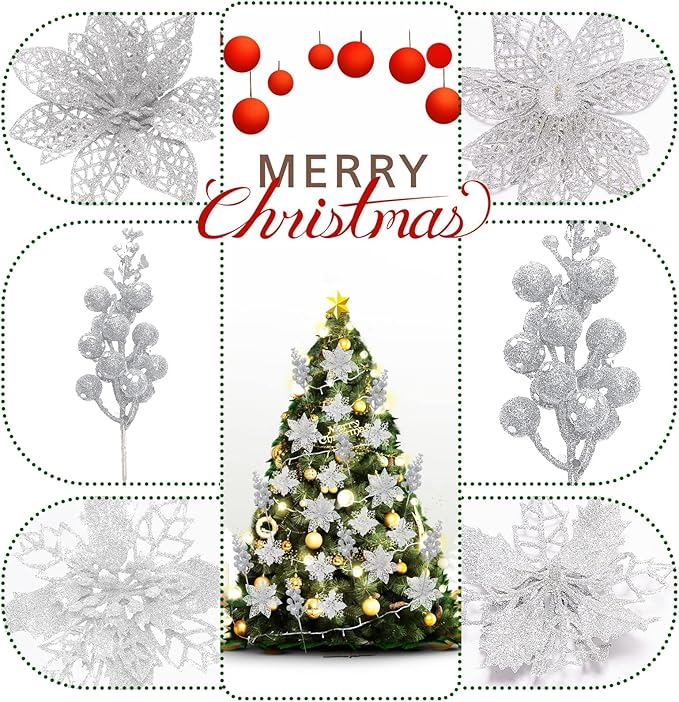 Zhuqing 22Pcs Christmas Poinsettia Artificial Flowers and Glitter Berries Stems Kit, 16Pcs Christmas Tree Flowers Ornaments and 6 Pack Christmas Tree Picks for Wedding Holiday Decorations (Silver)