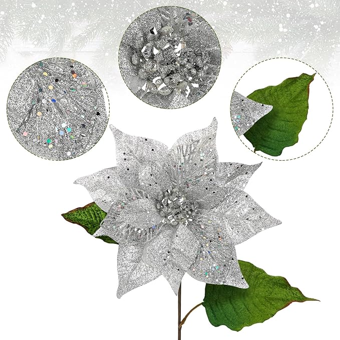 10" Poinsettia Flower Artificial for Christmas Tree Decor, 3 Pcs Faux Glitter Poinsettias Stems for DIY Xmas Wreath & Garland, Christmas Ornaments for Home Party, Holiday & Wedding Decorations, Silver