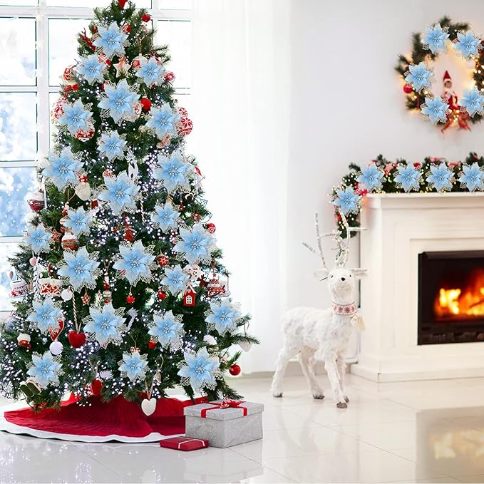 Geosar 24 Pieces Christmas Glitter Poinsettia Flowers Layered Artificial Xmas Flowers Wedding Christmas Tree New Year Ornaments 3/4/6 Inch(Blue)
