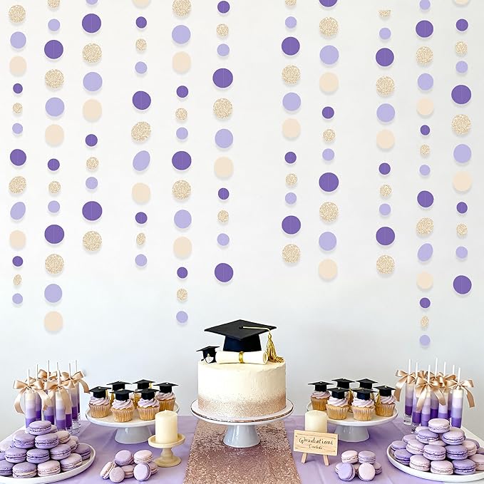 Champagne Gold Purple Cream Nude Polka Dots Garland Lavender Hanging Paper Circle Dot Streamer for Birthday Wedding Engagement Baby Shower Bridal Shower Lilac Violet Theme Party Decorations Supplies