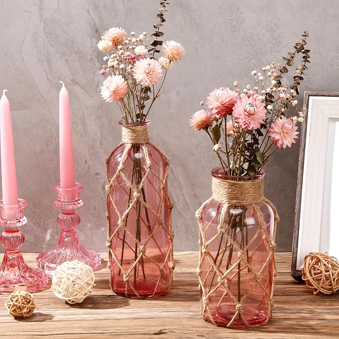 Chuangdi Set of 2 Coastal Glass Vases for Flower Small Flower Vase with Boho Rope Wrapping Beach Decorative Bottle for Coastal Nautical Table Centerpiece Wedding Floral Arrangement Decor(Pink)
