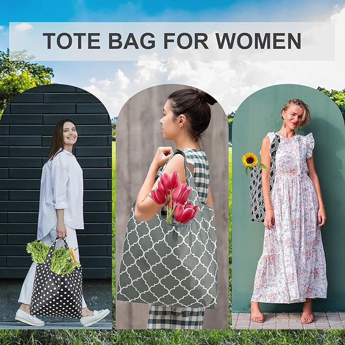 BeeGreen Grocery Bags | Reusable Gift Bags, Large Tote for Women & Foldable Beach Bag - 6 Pack Reusable Bag With Handles | Collapsible Cute Cloth Storage for Market, Holiday & Shopping | Washable