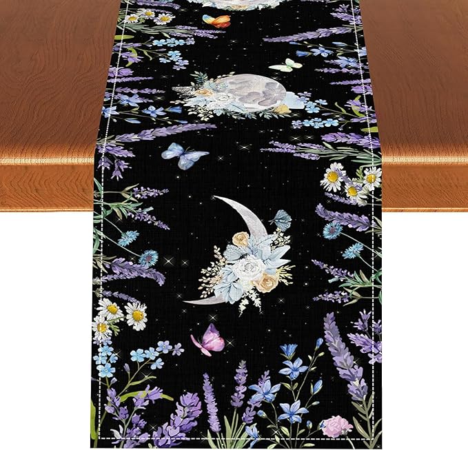 Boho Floral Table Runner, Spring Gothic Moon Phase Wildflower Mystical Witchy Farmhouse Coffee Table Center Decor for Home Kitchen Dining Patio Holiday Party Table Decorations 13x90 inches