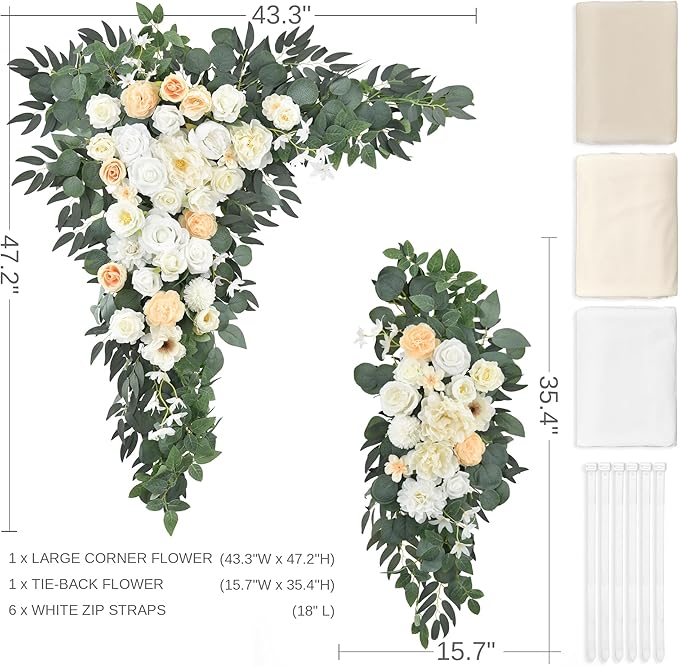 Artificial Wedding Arch Flowers Kit Pack of 5,2pcs Floral Swag Arrangement and 3pcs Fabric Drap for Wedding Ceremony Reception and Backdrop (Champagne and White)