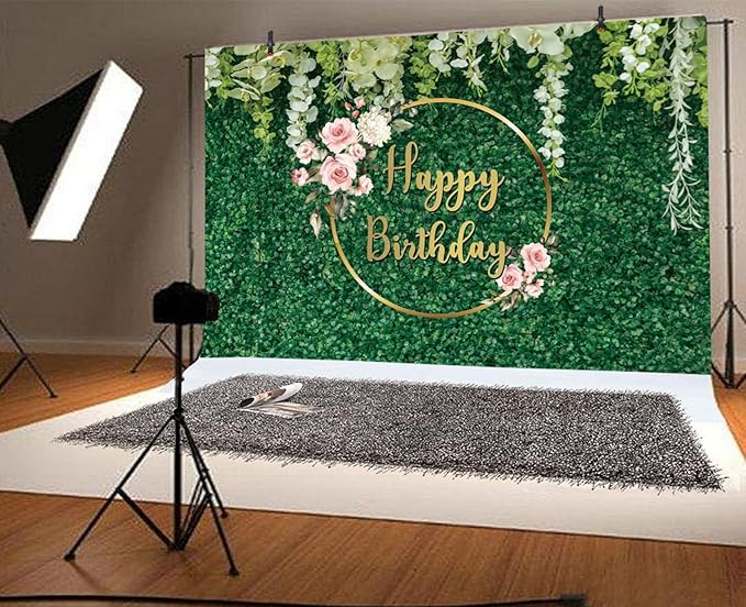 10x6.5ft Happy Birthday Backdrop Green Grass Flowers Wall Greenery Green Leaves Nature Botanical Photography Background Birthday Party Anniversary Portrait Studio Photo Props Polyester