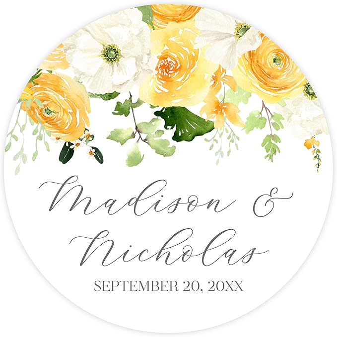 Personalized Floral Wedding Stickers with Your Choice of 30 Flower Styles - Choose Font and One of Five Pre-made Phrases or Add Custom Text (027 - Yellow Flowers)