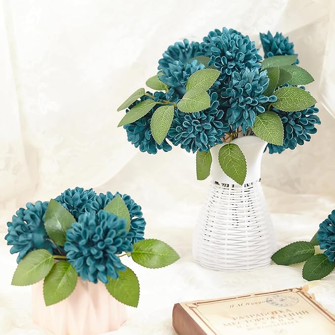 Artificial Flowers, 50pcs Artificial Rose for DIY Wedding Bouquets Centerpieces Arrangements, Dark Teal Dahlia Flowers with Stems Bridal Shower Party Home Decorations