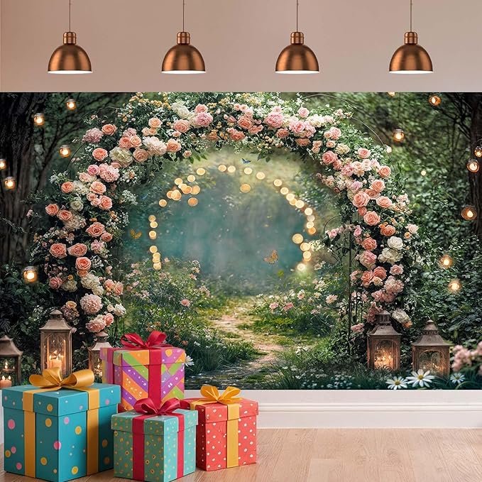 20x10ft Enchanted Forest Wedding Photography Backdrop Wonderland Roses Fairy Tale Backdrop Pink Flower Birthday Newborn Baby Shower Wedding Bridal Party Banner Photo Booth Props Anniversary Background