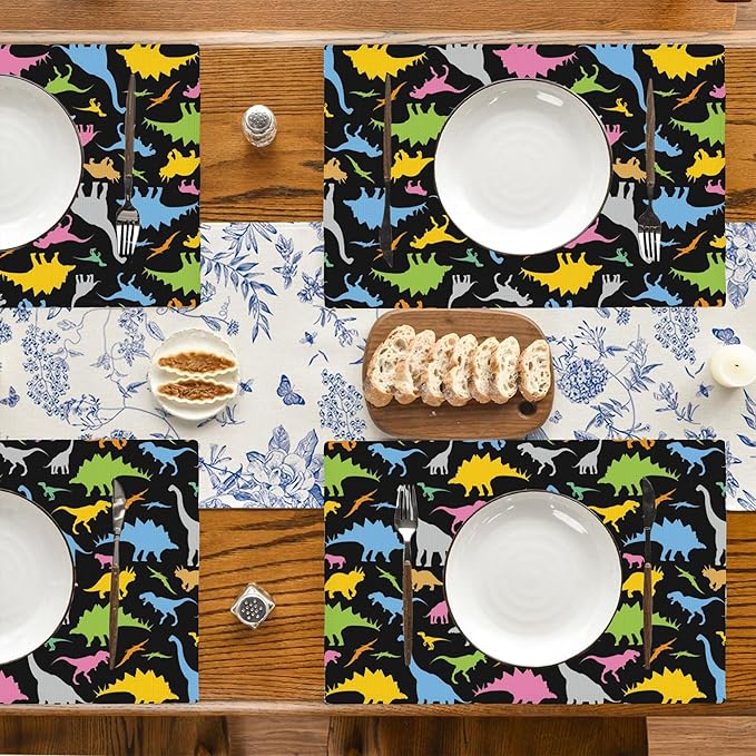 Colorful Dinosaur Placemats Set of 4, 12x18 Inch Non-Slip Washable Heat Resistant Linen Fabric Table Mats,Place Mats for Holiday Party
