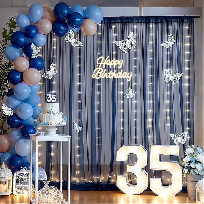 20x10ft Navy Blue Tulle Backdrop Curtain with Lights String for Parites, Sheer Backdrop Curtains for Wedding Baby Shower Birthday Party Photo Shoot Decorations