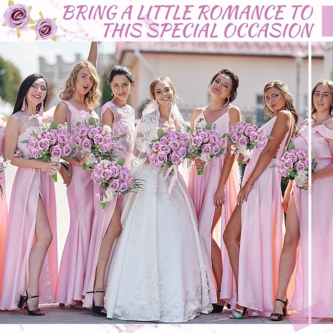 Zeyune 12 Pack Wedding Bridesmaids Bouquets 7 Inch Artificial Rose Bouquets Silk Flowers with Stems Fake Floral Bundles Bulk for Wedding Bridal Shower Party Centerpieces Home Decor(Purple)
