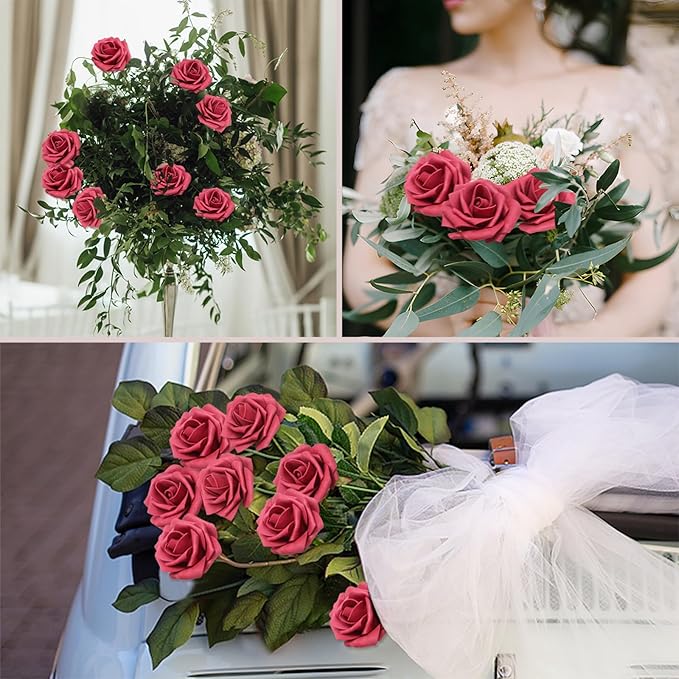 200PCS Artificial Flowers Burgundy Roses Real Looking Foam Fake Roses with Leaves and for DIY Wedding Bouquets Bridal Shower Centerpieces Party Decorations (Burgundy, 200)